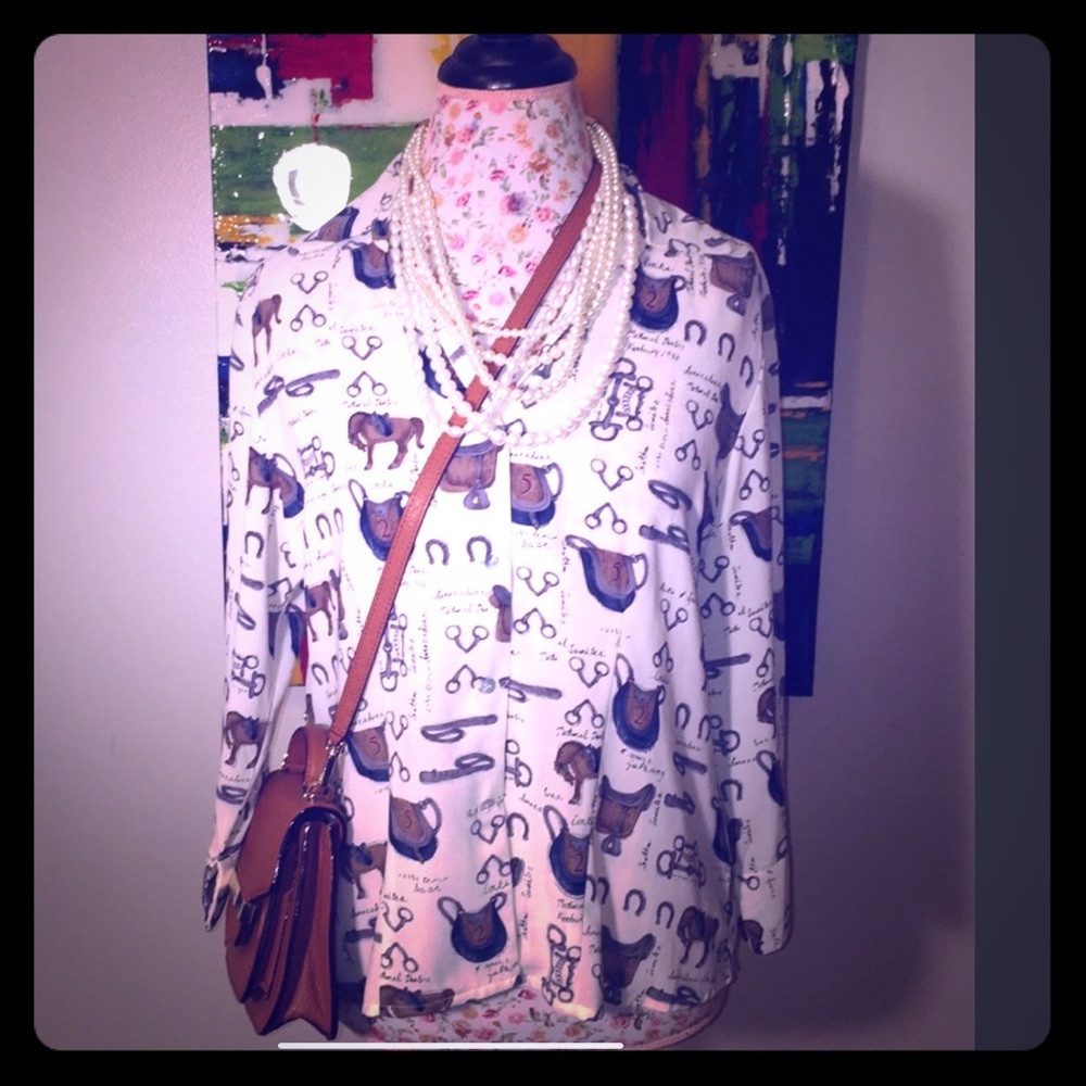 Equestrian Print Button Down Blouse - image 1